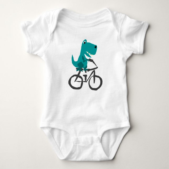 Funny T-rex Dinosaur Riding Bicycle Cartoon Baby Bodysuit (Front)