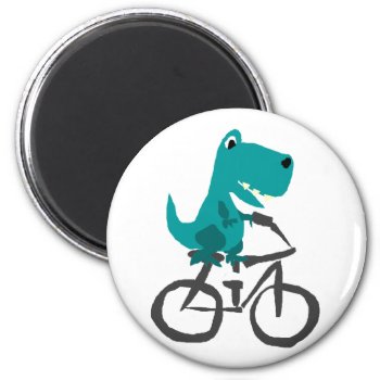 Funny T-rex Dinosaur Riding Bicycle Cartoon Magnet by naturesmiles at Zazzle
