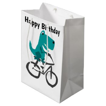 Funny T-rex Dinosaur Riding Bicycle Cartoon Medium Gift Bag by naturesmiles at Zazzle