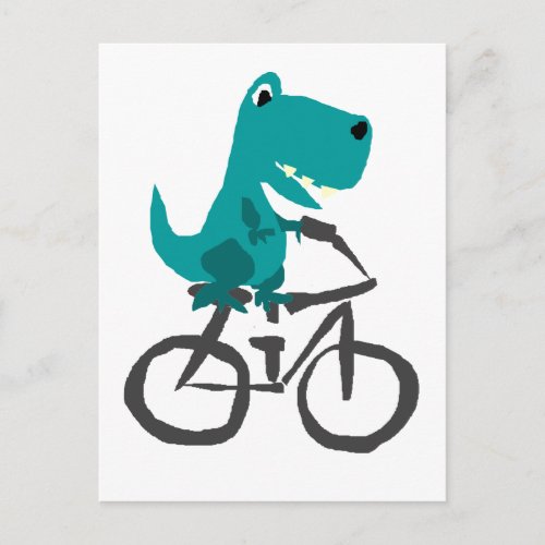 Funny T_rex Dinosaur Riding Bicycle Cartoon Postcard