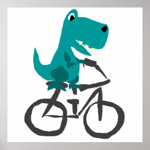 Funny T-rex Dinosaur Riding Bicycle Cartoon Poster