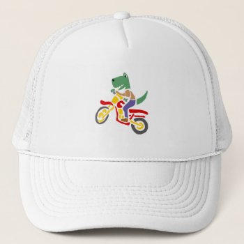 Funny T-rex Dinosaur Riding Dirt Bike Motorcycle Trucker Hat by inspirationrocks at Zazzle