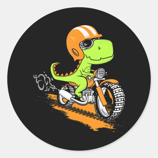 Funny T-Rex Dinosaur Riding Motorcycle Dino Biker Classic Round Sticker (Front)
