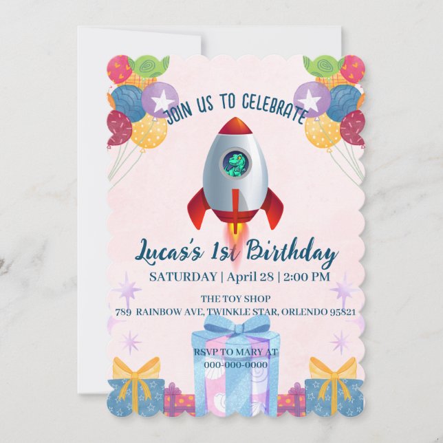 Funny T-rex dinosaur rocket School Birthday party Invitation (Front)