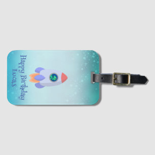Funny T-rex dinosaur rocket School kid Birthday Luggage Tag