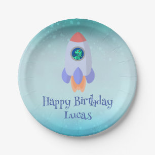 Funny T-rex dinosaur rocket School kid Birthday  Paper Plates