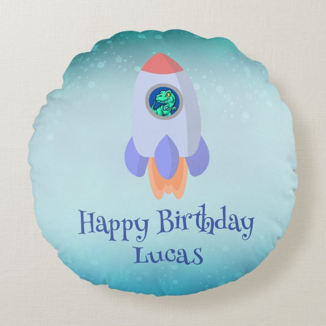 Funny T-rex dinosaur rocket School kid Birthday  Round Pillow (Front)