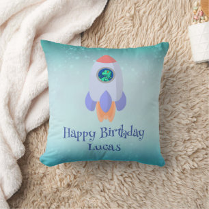Funny T-rex dinosaur rocket School kid Birthday Throw Pillow