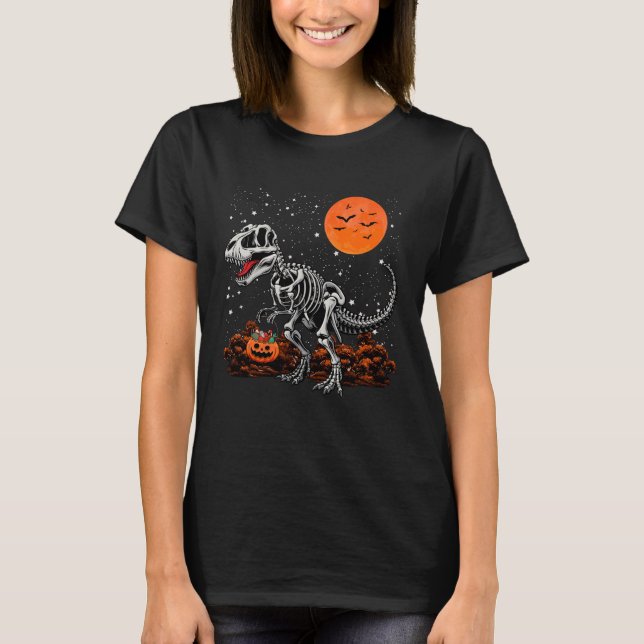 Funny T Rex Dinosaur Skeleton & Pumpkin Halloween  T-Shirt (Front)