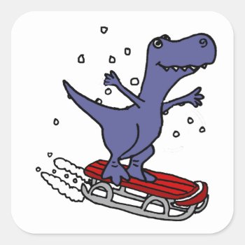 Funny T-rex Dinosaur Sledding Cartoon Square Sticker by naturesmiles at Zazzle