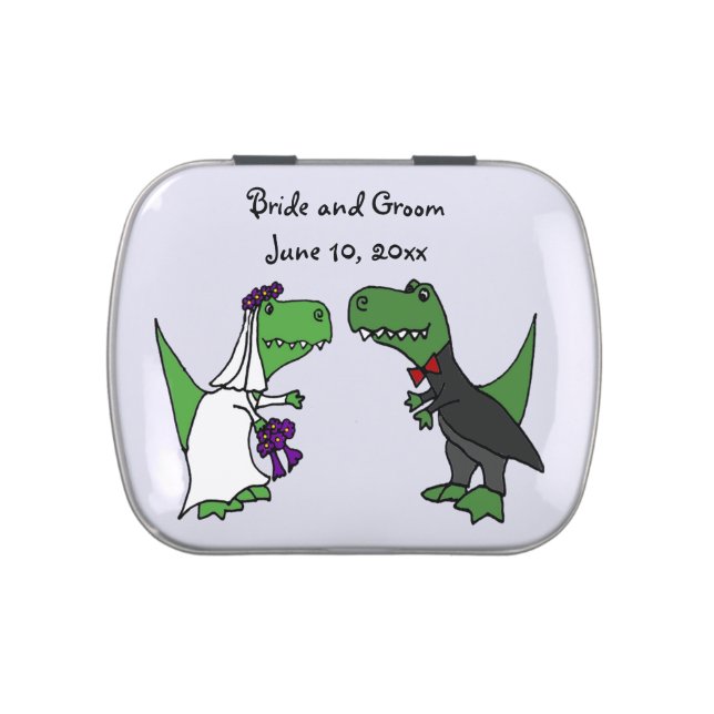 Funny T-rex Dinosaurs Bride and Groom Wedding Art Jelly Belly Tin (Top)