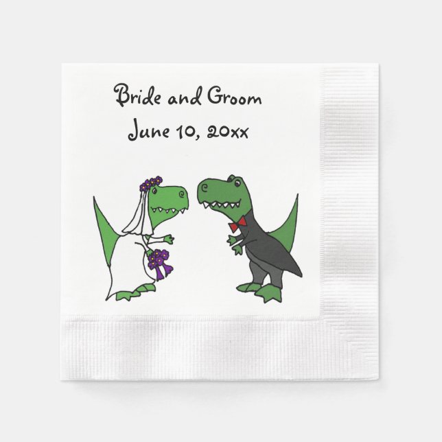 Funny T-rex Dinosaurs Bride and Groom Wedding Art Napkins (Front)