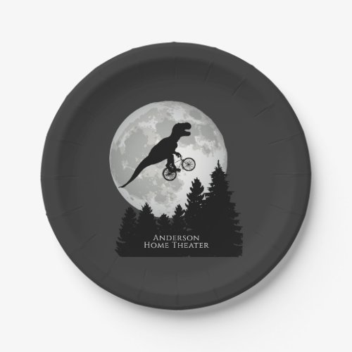 Funny T_Rex Flying on Bicycle and Full Moon Paper Plates