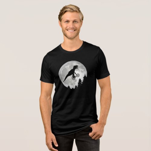 Funny T_Rex Flying on Bicycle with Full Moon Tri_Blend Shirt