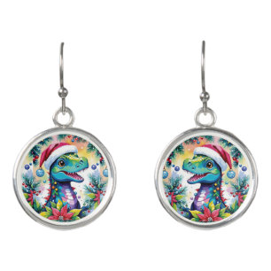 Funny T-Rex Santa Christmas Cheer Earrings