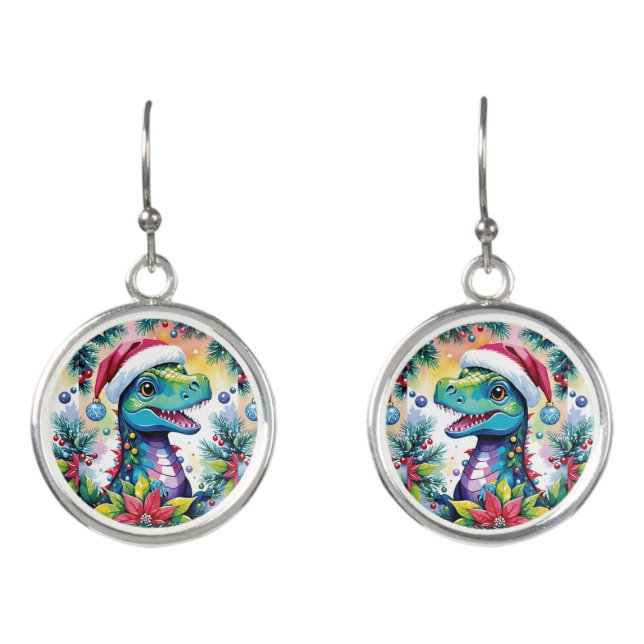 Funny T-Rex Santa Christmas Cheer Earrings (Front)