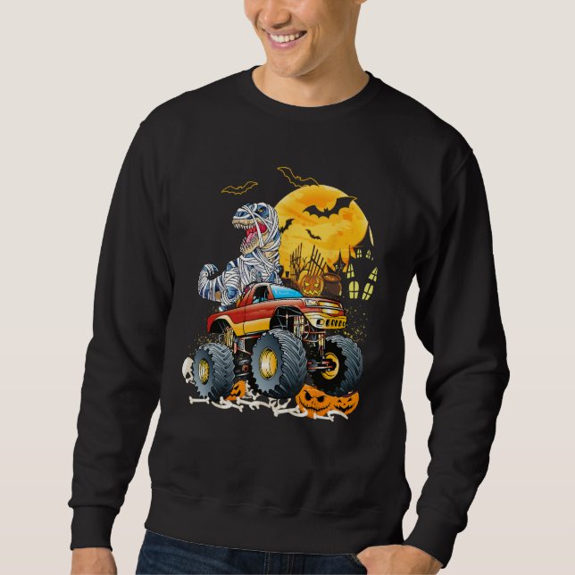 Funny T Rex Saurus Riding Monster Truck Happy Hall Sweatshirt (Front)