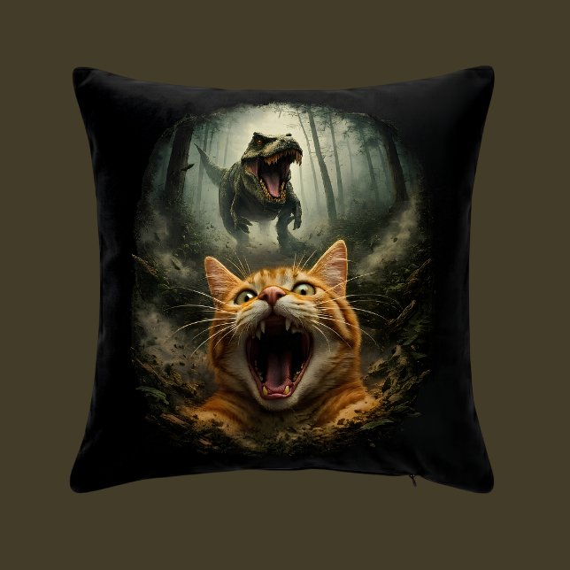 Funny T-Rex & Screaming Cat Meme Throw Pillow (Creator Uploaded)