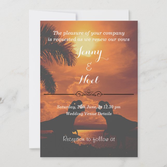Funny T Rex Sunset Wedding Vows Renewal Invitation (Front)