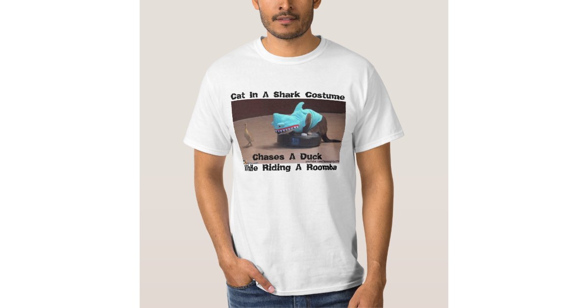 Funny T Shirt Shark Cat Chasing Duck On Roomba Zazzle Com