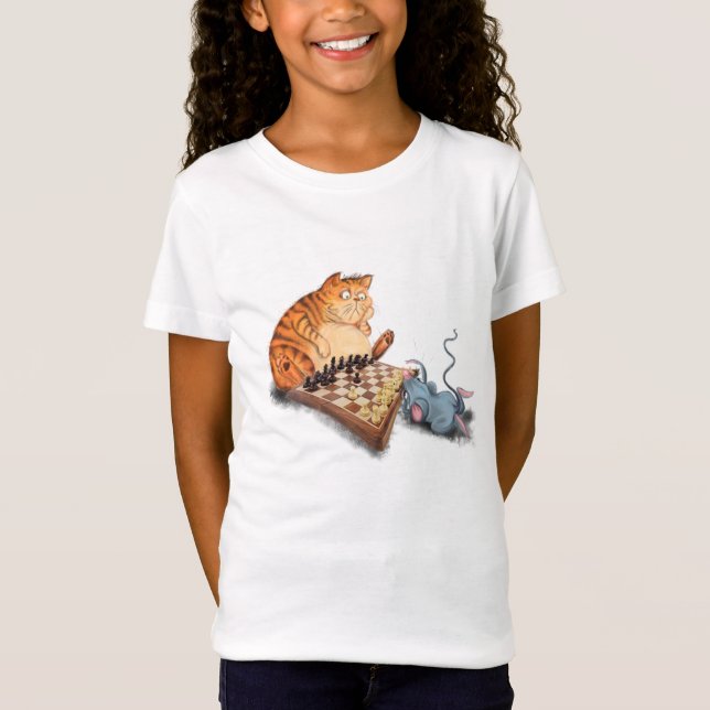 Funny T-Shirt with Cat and Mouse Playing Chess (Front)
