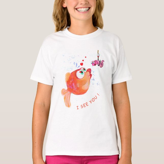 Funny T-Shirt with Fish and Worm Text - Your Text (Front)