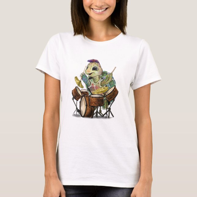 Funny T-Shirt with Happy Turtle Drummer (Front)