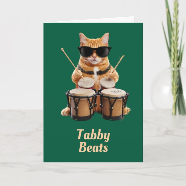 Funny Tabby Bongo Player Greeting Card (Front)