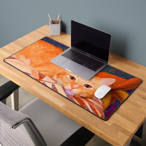 Funny Tabby Cat Bright Orange Cute Desk Mat