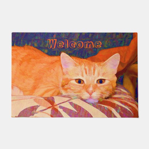 Funny Tabby Cat Bright Orange Cute Doormat