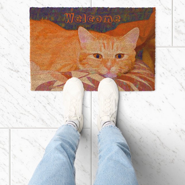 Funny Tabby Cat Bright Orange Cute Fiber Doormat (Insitu)