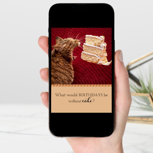 Funny Tabby Cat Eats Large Piece Of Cake Birthday Card (Front Digital)