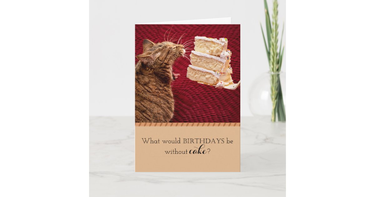 Funny Tabby Cat Eats Large Piece Of Cake Birthday Card Zazzle