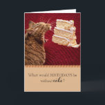 Funny Tabby Cat Eats Large Piece Of Cake Birthday Card<br><div class="desc">Funny cat eating birthday cake card that any cat lover would love!  What's a birthday without cake? Cat-astrophic!</div>