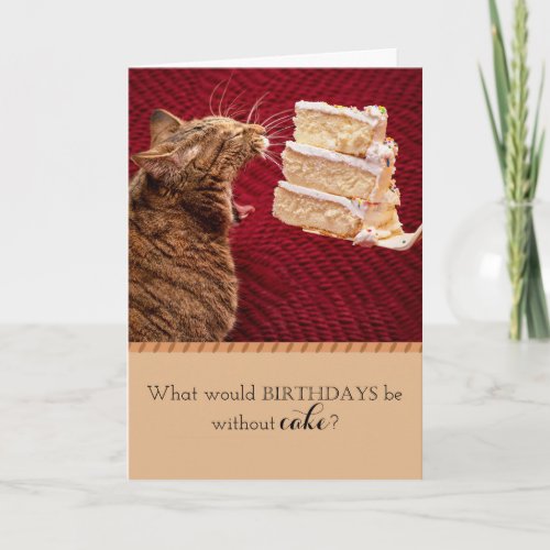 Funny Tabby Cat Eats Large Piece Of Cake Birthday Card