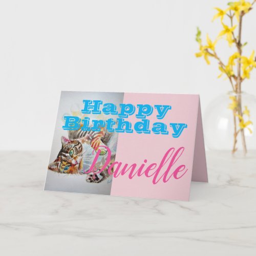 Funny Tabby Cat Happy Birthday Womans Name Card