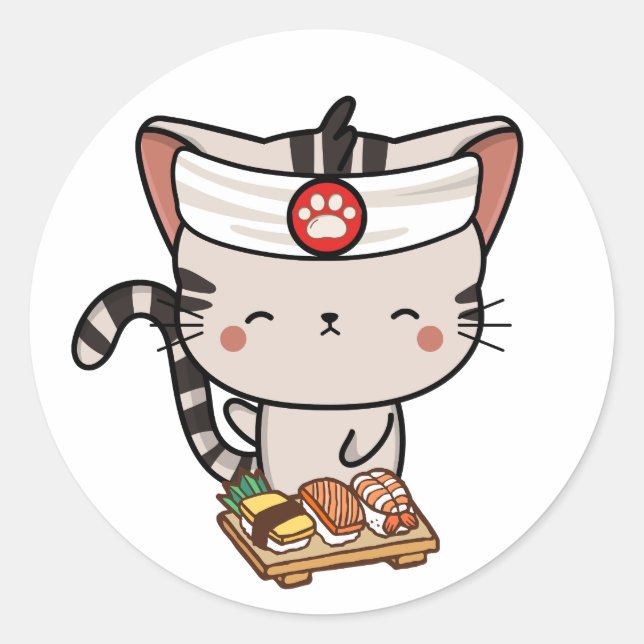 Funny tabby cat is a sushi chef classic round sticker (Front)
