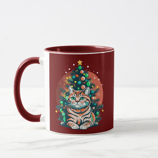 Funny Tabby Cat Merry Xmas Pajamas Chritsmas Tree Mug (Left)