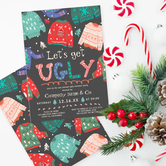 Funny tacky ugly sweater gray corporate Christmas Invitation
