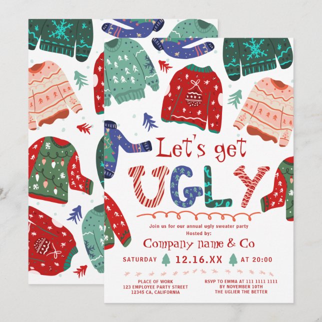 Funny tacky ugly sweater white corporate Christmas Invitation (Front/Back)