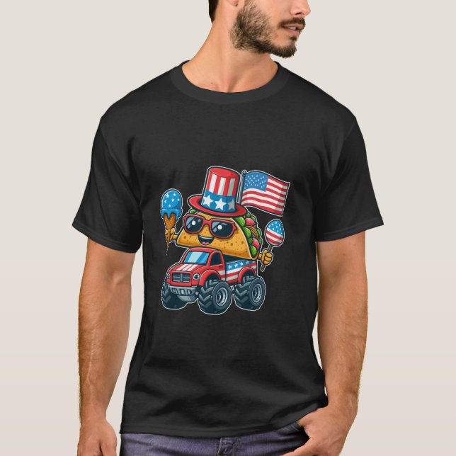 Funny Taco Monster Truck holding ice cream 4th of  T-Shirt (Front)