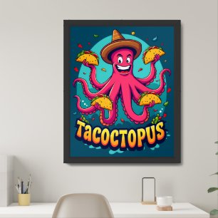 Funny Taco Octopus Cartoon Food Pun Framed Art
