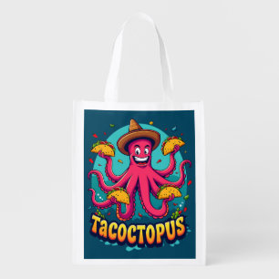 Funny Taco Octopus Cartoon Food Pun Grocery Bag