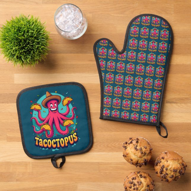 Funny Taco Octopus Cartoon Food Pun Oven Mitt & Pot Holder Set (Top Down)