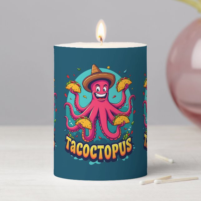 Funny Taco Octopus Cartoon Food Pun Pillar Candle (In Situ)