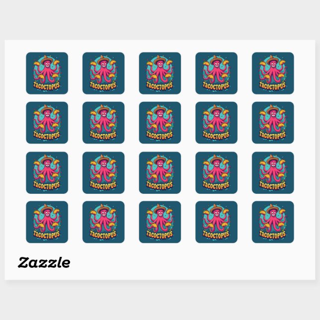 Funny Taco Octopus Cartoon Food Pun Square Sticker (Sheet)