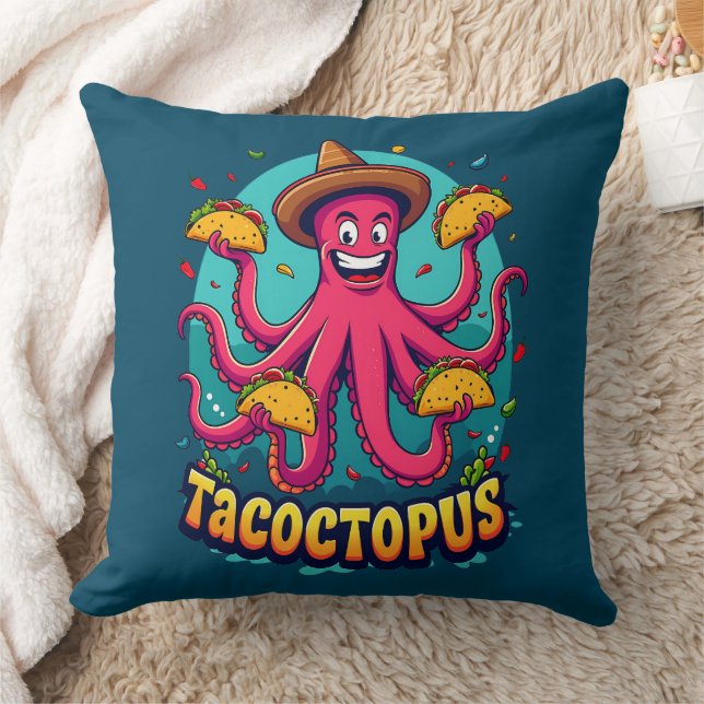 Funny Taco Octopus Cartoon Food Pun Throw Pillow (Blanket)