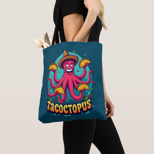Funny Taco Octopus Cartoon Food Pun Tote Bag (Close Up)