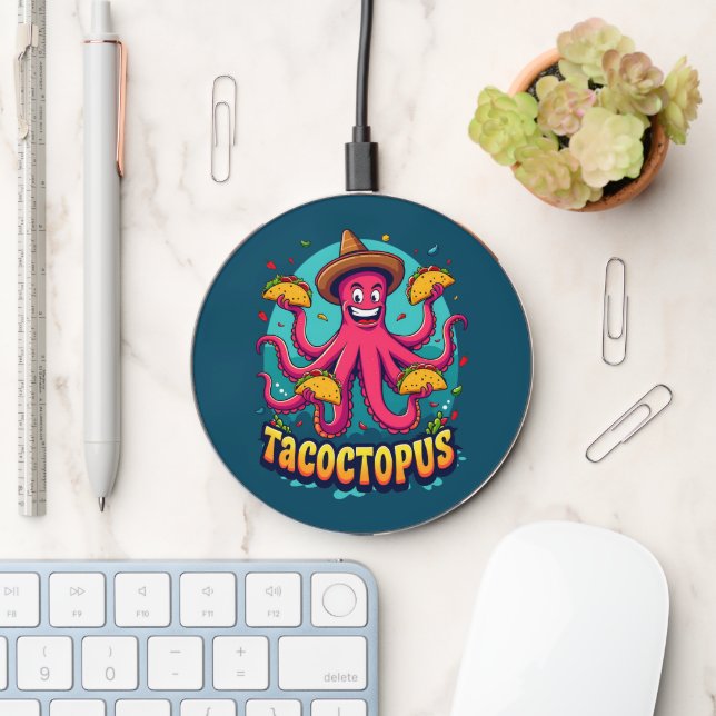 Funny Taco Octopus Cartoon Food Pun Wireless Charger (Desk)