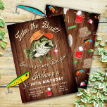 Funny take the bait Bass fishing birthday party Invitation<br><div class="desc">Have some Reel Fun with this Funny Bass Fishing Invitations. Order digital or printed from the drop down menu. Features a bass fish with sportman's hat trying to "take the bait" on a rustic wood background with fishing icons like a can of worms, lures, net. Great for a boy or...</div>